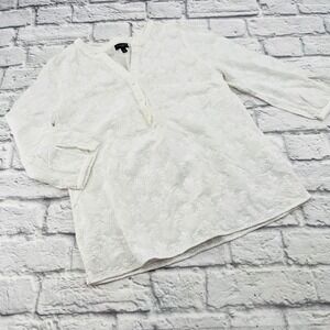 Talbots Petites White Embroidered Pineapple Popover Shirt Blouse Small P